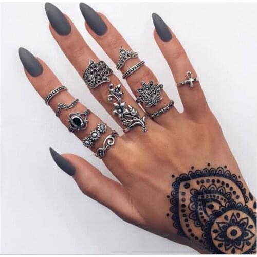 Bohemian Ancient Silver Color Female Rose Flower Cross Joint Rings For Women Personality Plant Crown Charm Ring Set Jewelry