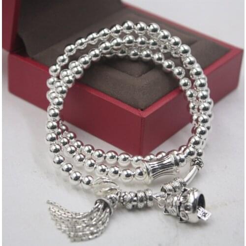 Real S925 Sterling Silver Bracelet Womans Smooth Round Bead Cat Three Circle Bracelet Gift Fashion Friend Hot Sale