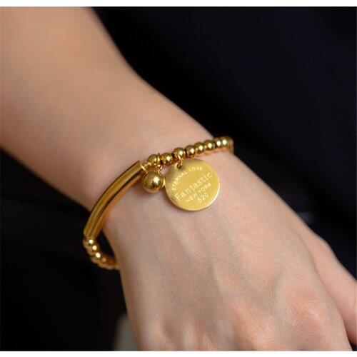 316L Stainless Steel Punk Titanium Steel English Letter Round Bracelet Elastic Simple Temperament Wild Bracelet No Fading