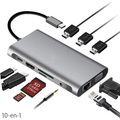 Ten-in-one Type-c Docking Station Usb-C Conversion Gigabit Ethernet/ HDMI-Compatible /VGA /PD Computer Hub