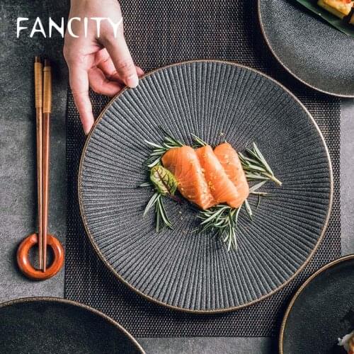 FANCITY Creative Frosted Black Western Dinner Plate Simple and Fashion Ceramic Plate Restaurant Restaurant Dinner Plate Rice Pla