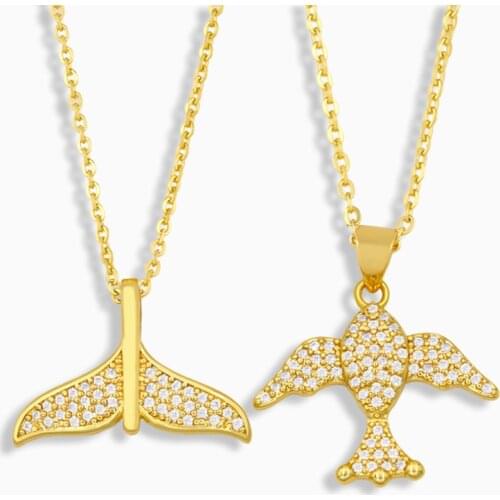 FLOLA Gold Plated Whale Mermaid Tail Necklace For Women CZ Pave Rhinestone Fish Pendant Necklace Wholesale Jewelry Gifts nkev24