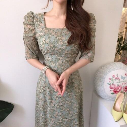 Korean One-Piece WomenS Dress Chiffon Floral Dress 2021 Summer Square Neck Pleated Puff Sleeve Elegant Office Lady Dresses y2k