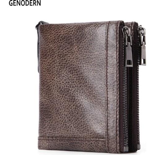 GENODERN Retro Cowhide Leather Wallet for Man with Double Zipper Coin Pocket Short Male Purse RFID Blocking Small Men Wallets