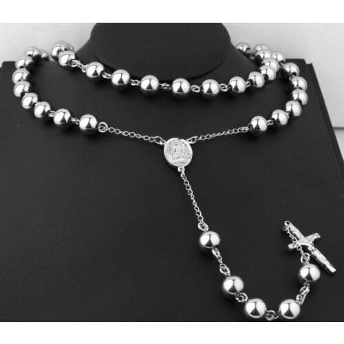 Cool religious Jewelry Large Heavy Stainless steel 8mm Ball Jesus Cross Rosary Necklace Chain 30''+5'' for men