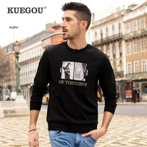 KUEGOU 2021 Autumn Cotton Embroidery Print Black Sweatshirt Men Crewneck Slim Fashion For Male Streetwear Plus Size Clothes 3279