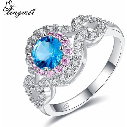 Lingmei Gorgeous Men Fashion Round Cut Blue White Black Cubic Zircon Wedding Jewelry Silver Color Ring Size 6-9 Mysterious