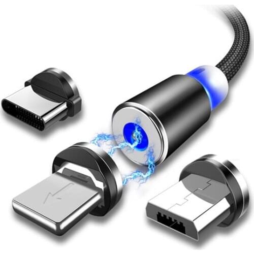 2M LED Magnetic Fast Charging Cable For iPhone XR XS MAX X 8 7 6S Plus Micro USB Type-C Magnetic USB Phone Charger Cable Wire