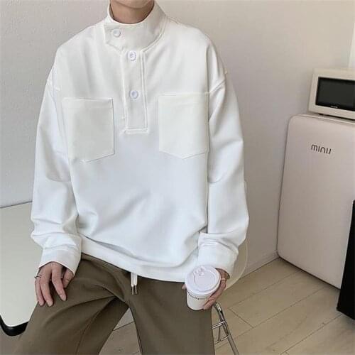 Small high neck Pullover Sweater mens autumn new pocket decoration Korean trendy mens loose coat youth top