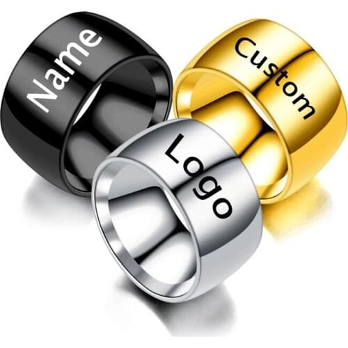 YWSHK Fashion Glossy 12mm Stainless Steel Gold Black Ring for Men Women Custom Engrave Lover Couple Wedding Charm Jewelry Gift