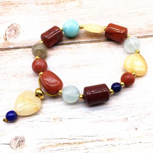 Fashion Women Pendant Bracelet Nature Red Jaspers Stone Bead Heart Charm Bracelet Elastic Bangle Gold Color Beads Jewelry