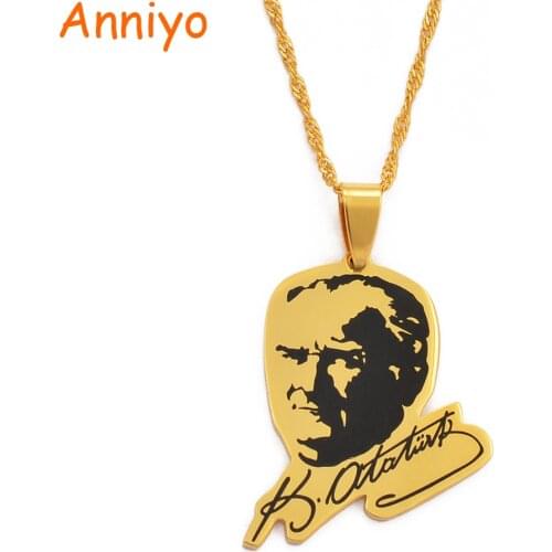 Anniyo Turkey Mustafa Kemal Ataturk Pendant Necklace for Women Gold Color Portrait Jewelry #027521