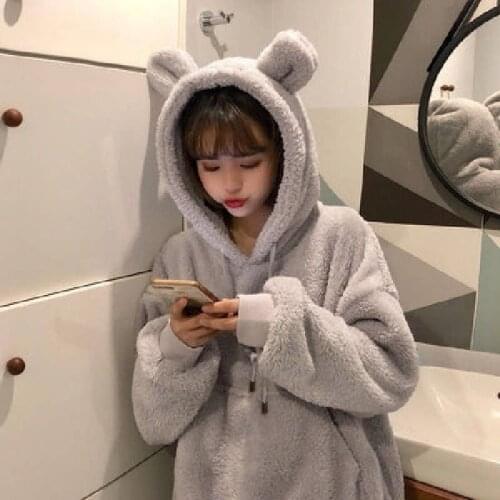 Plush Kawaii Hoodie Women Cute Bear Fashion Grey Autumn Winter Solid Hooded Pulovers Coat Plus Size
