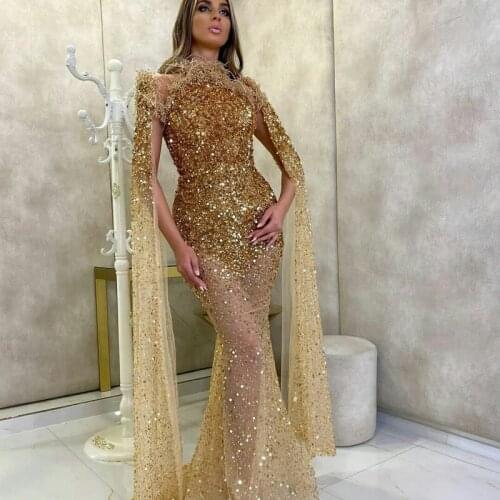 Gold Glitter African Dubai Prom Dresses Feather Beaded Long Sleeves Mermaid Evening Dress Vintage Sexy Formal Party Gowns