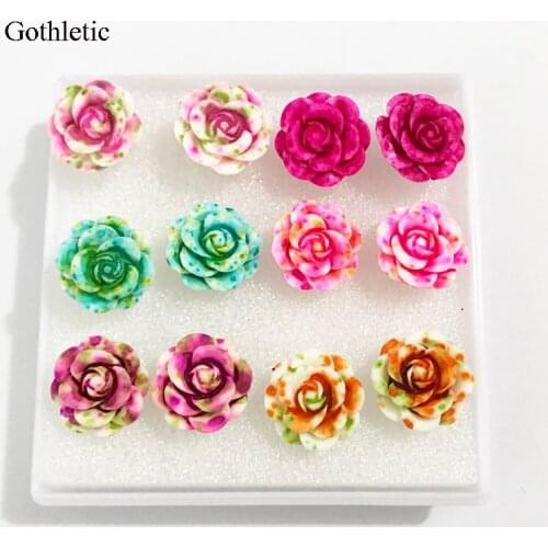 Gothletic Multi Color Resin Rose Stud Earrings Pack Mixed Small Flower Earrings for Women Girls Kids Jewelry 6 Pairs Set 2019