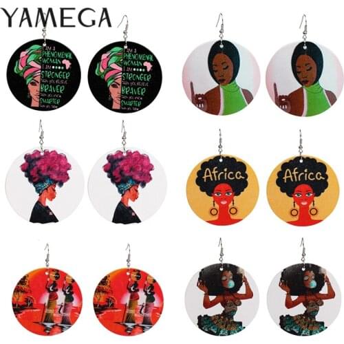 YAMEGA Vintage Painted Africa Wooden Drop Earrings For Women Beauty Head Portrait Statement Round Circle African Ethnic Earring