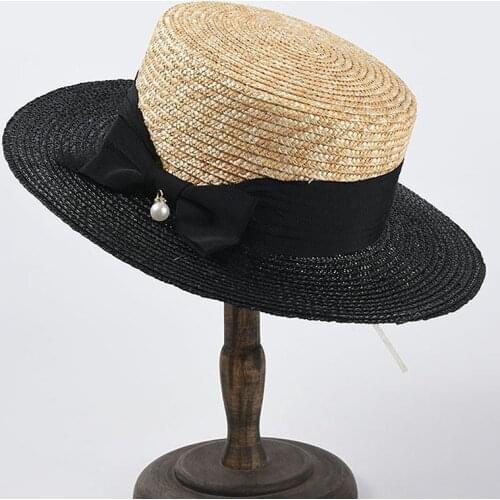 Womens Summer Hat Black beige Sun Protection Cap Female Flat Top Wide Brim Hat Bow Pearl Pendant Straw Hat Beach Hat Sun Hat