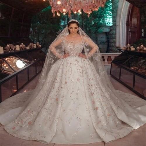 Flower Crystal Wedding Dresses Sequins Beads Aplique A Line Bridal Gown Luxury Arab Dubai Custom Made Long Sleeve Robe de mariée