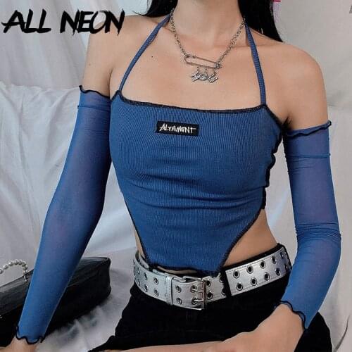 ALLNeon Y2K Fashion Ribbed Anomalistic Hem Cropped Tops with Mesh Sleeve E-girl Backless Lace Up Halter Tanks Streetwear 90s