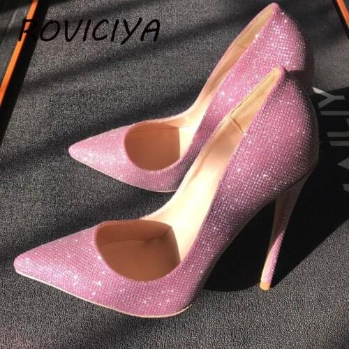 Pink Pumps Women 12cm Thin High Heels Shoes Sexy Glitter Leather Bright Pointed Toe Female Stiletto Bling Bling LF015 ROVICIYA