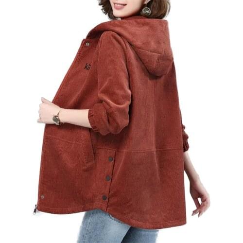 Mid-Length Windbreaker Women 2021 Spring And Autumn New Corduroy Jacket Thin Hooded Large Size 4XL Loose Casual Coat Female A33