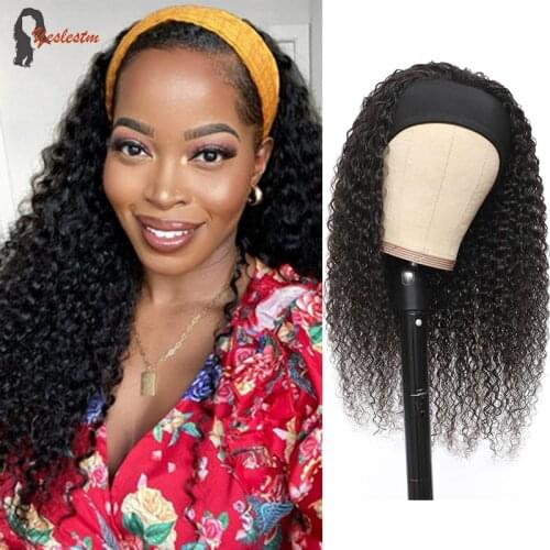 Yeslestm Malaysia Curly Headband Wig Human Hair 8-26" Glueless Headband Scarf Wig No Gel Jerry Curl Human Hair Wig with Headband