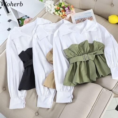 Woherb Korean Fashion Blouse Women Patckwork Fake Two-Piece Shirt Tops 2021 Summer Female Elegant Ruffle Blusas Belt Shirts