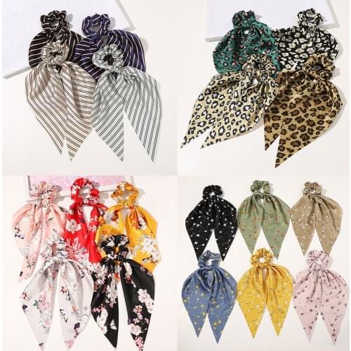 Leopard Floral Print Women Streamer Hair Scrunchie Striped Polka Dot Elastic Bow Hair Tie Rope For Girls Sweet Scrunchies Band