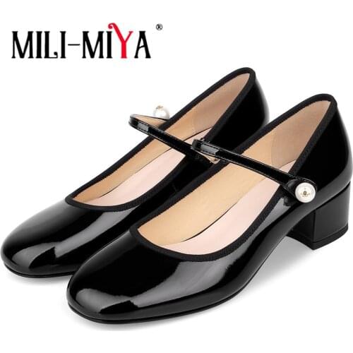 MILI-MIYA Simple Sweet Patent Leather Mary Jane Square Heel Round Toe Pumps Female Comfortbale Wedding Dress Office Lady Shoes