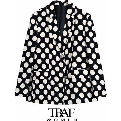 TRAF Za Women Fashion Polka Dot Oversized Blazer Coat Vintage Long Sleeve Welt Pockets Female Outerwear Chic Veste Femme