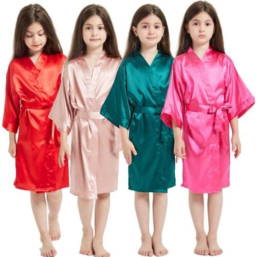 3-13Y Boy Girl Bathrobe Pink Satin Silk Kids Robes Summer Sleepwear Childrens Kimono Bath Towel Robe Wedding Spa Party Birthday