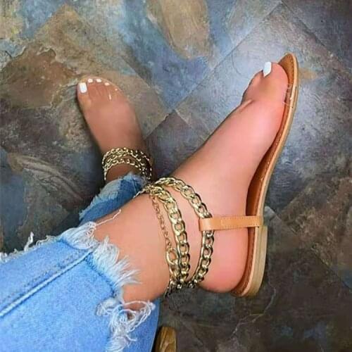 2021 Women Summer Basic Flats Shoes Woman PVC Sandals Leather Plus Size Flip Thong Gothic Chain Sandalias Mujer Sapato Feminino