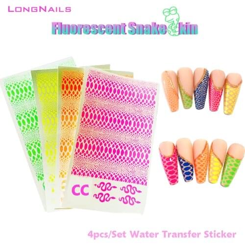 4pc/Combo Sexy Snake Transfer Water Stickers 8*10cm Neon Yellow Green Water Python Skin Transfer Decals Nail Wrap Stickers NL080