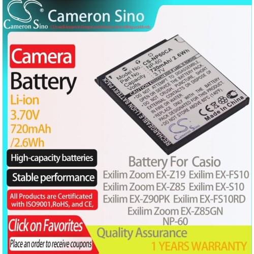 CameronSino Battery for Casio Exilim Zoom EX-Z19 Exilim Zoom EX-Z85 Exilim EX-FS10 Exilim EX-S10 fits Casio NP-60 camera battery