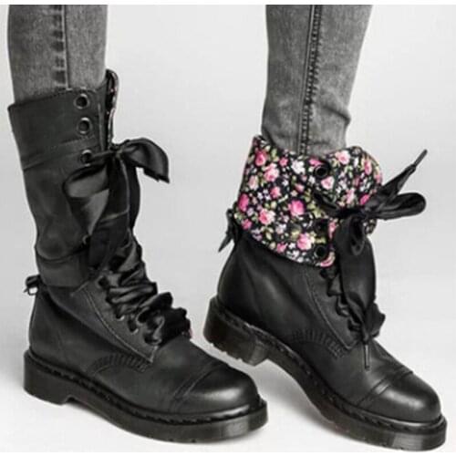 Floral Motocycle Booties Women Boots Female PU Leather Ankle Boots Square Heel Martin Boots Autumn High-top Vintage Women Shoes