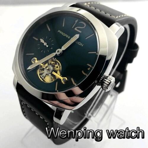 PAGANI Mens Luxury Tourbillon Mechanical Watches Silver Case Luminous Genuine Leather Fashion Casual Skeleton Automatic Watch
