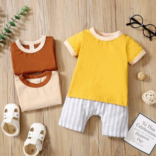 2Pcs Toddler Summer Outfit Stitching O-Neck Short Sleeves T-Shirt + Stripes Elastic Waist Shorts for Baby, 0-24 Months
