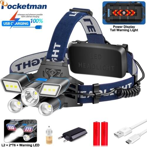 Red Blue White Light 9 Modes LED Headlamp L2+ 2*T6 LED Headlight USB Rechargeable Head Light with Tail Warning Light Waterproof