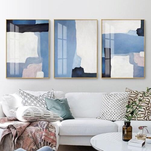Nordic Creative Abstract Geometric Yellow Blue Black Gray Color Block Canvas Painting Wall Picture Poster Living Room Decoration