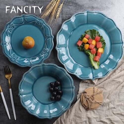 FANCITY Creative European style embossed ice cracked glaze fruit salad bowl ceramic tableware home western steak plate bowl deep