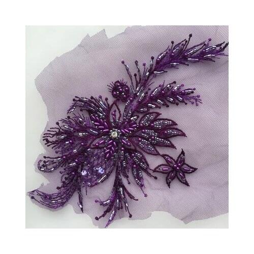 5 pieces 3D beaded lace appliques, high delicate dark purple 3d floral embroidered lace appliques for bridal wear accessories