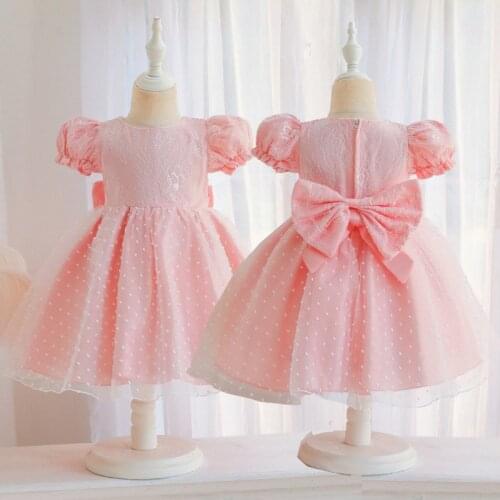 Baby Girl Big Bow Lace Dress Christening Puff Sleeve Gown Baptism Clothes Newborn Kids Birthday Princess Infant Party Frocks