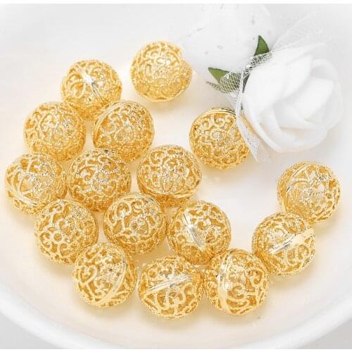 Mibrow 2pcs/lot 8MM 10MM 12MM Gold Color Copper Round Hollow Loose Spacer Charm Beads for DIY Bead Bracelet Jewelry Making