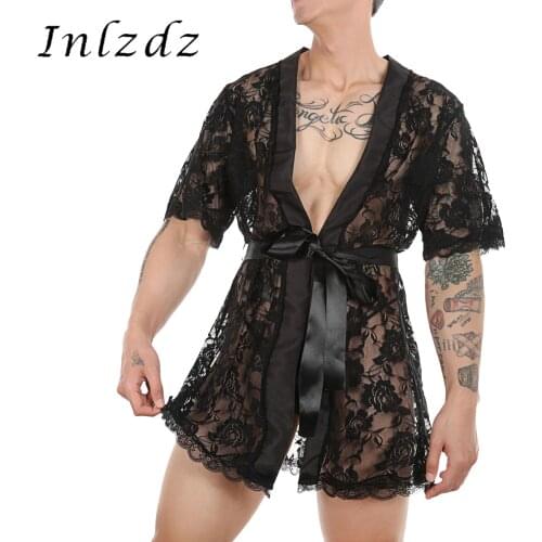Mens Lingerie Sissy Night-Robe See-Through Lace Short Sleeve Cardigan Bathrobe Lungewear Sissy Sexy Sleepwear with T-back Belt