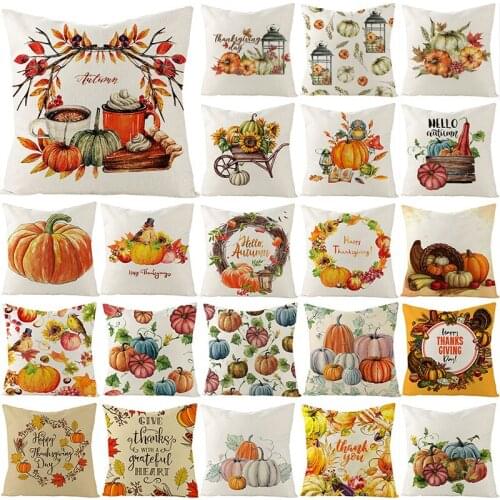 Happy Thanksgiving Cushion Cover Autumn Pumpkin Decorative Throw Pillows Case Cotton Linen Sofa Cushions Maple Leaf Pillowcase