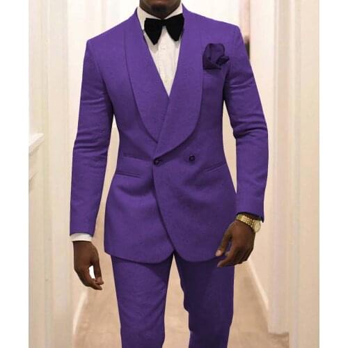 New Arrival Groomsmen Purple Pattern Groom Tuxedos Shawl Lapel Men Suits 2 Pieces Wedding Best Man ( Jacket+Pants+Tie ) C925