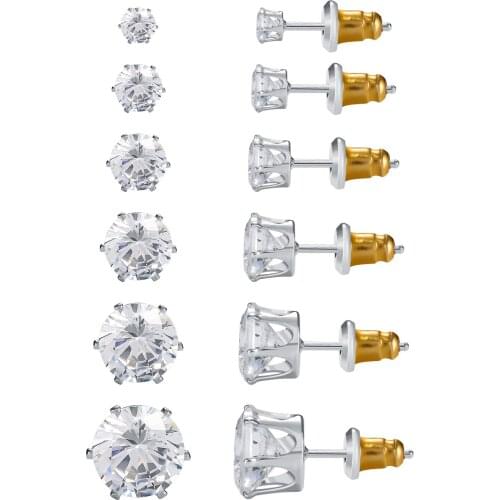 6 Pairs 3-8mm Stud Earrings Set Hypoallergenic Round Cubic Zirconia Stainless Steel CZ Girls High Quality Women Earrings