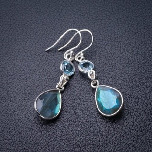 StarGems Natural Blue Fire Labradorite And Blue Topaz Handmade 925 Sterling Silver Earrings 1.75" D7759