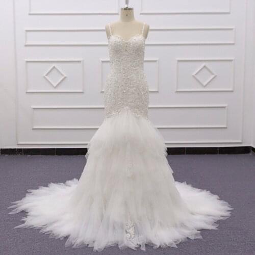 SJ222 actual photo custom made Spaghetti Strap beads France lace backless pleat Spaghetti Strap net wedding dress mermaid