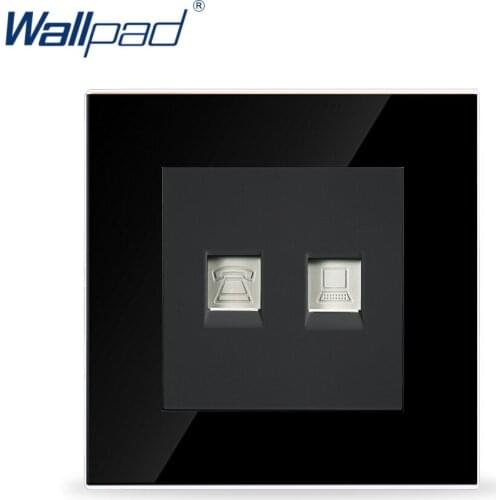 Wallpad TEL and Data Socket Black Crystal Glass Switch 86*86mm RJ11 Telephone and Computer RJ45 Data Socket Jack, Free Shipping
